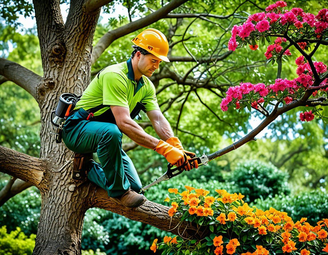 A professional arborist, carefully pruning a large healthy tree, surrounded by vibrant green foliage. The arborist is using specialized tools and wearing safety gear, emphasizing expertise and precision. The background includes a well-maintained garden with colorful flowers. Illustration-style art with vibrant colors.