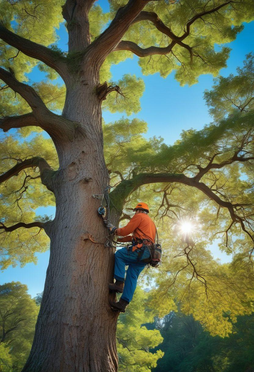 A seasoned arborist in rugged outdoor gear, skillfully climbing an ancient oak tree, surrounded by vibrant greenery. The arborist uses specialized tools, demonstrating expert care of the tree. Background includes a peaceful park setting with a clear sky. Realistic style. Vibrant colors.