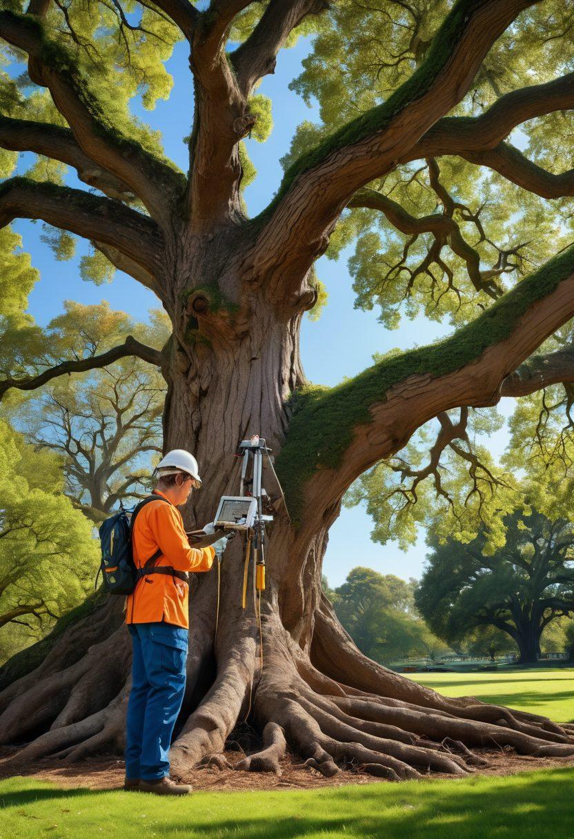 A seasoned arborist examining a large oak tree's roots and branches with high-tech instruments, surrounded by a picturesque, well-maintained park landscape. The arborist is wearing protective gear, and there are diagrams and assessment tools around him. Include distant mountains and a clear blue sky. super-realistic. vibrant colors.